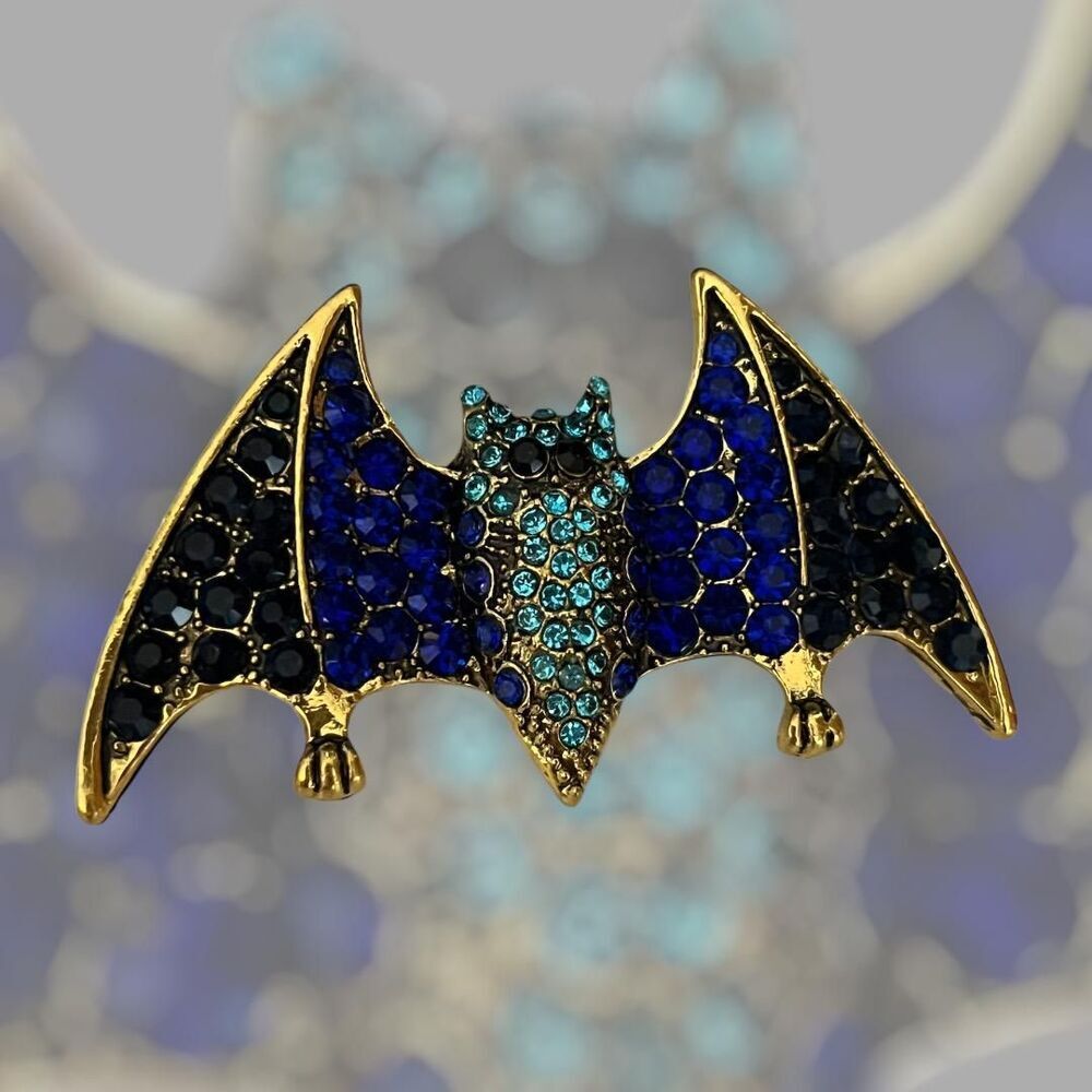 Stunning Elegant Halloween Bat Pin  - Sparkling Rhinestone Brooch BLUE/GOLD